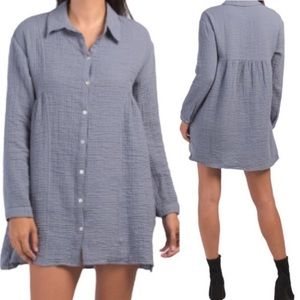ZARA Gauzy knit Cotton BabyDoll Button Front Shirt Dress with pockets M